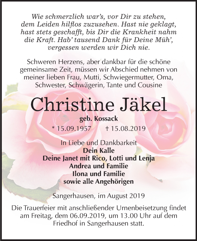  Traueranzeige für Christine Jäkel vom 23.08.2019 aus Mitteldeutsche Zeitung Sangerhausen