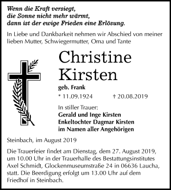 Traueranzeige von Christine Kirsten von Mitteldeutsche Zeitung Naumburg/Nebra