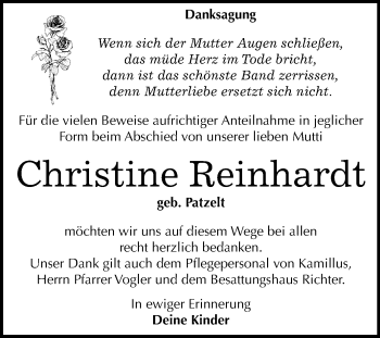 Traueranzeige von Christine Reinhardt von Super Sonntag Sangerhausen