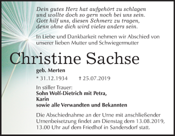 Traueranzeige von Christine Sachse von Mitteldeutsche Zeitung Bitterfeld