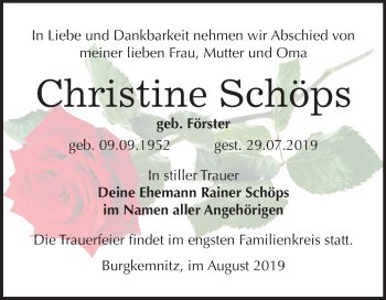 Traueranzeige von Christine Schöps von Wochenspiegel Bitterfeld