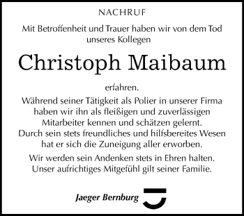 Traueranzeige von Christoph Maibaum von Mitteldeutsche Zeitung 