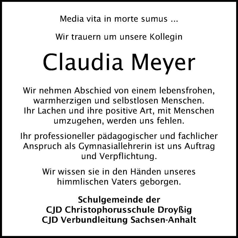  Traueranzeige für Claudia Meyer vom 10.08.2019 aus Mitteldeutsche Zeitung Zeitz / Naumburg/Nebra