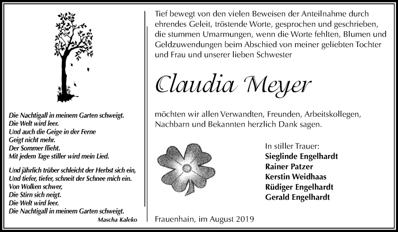  Traueranzeige für Claudia Meyer vom 16.08.2019 aus Mitteldeutsche Zeitung Zeitz