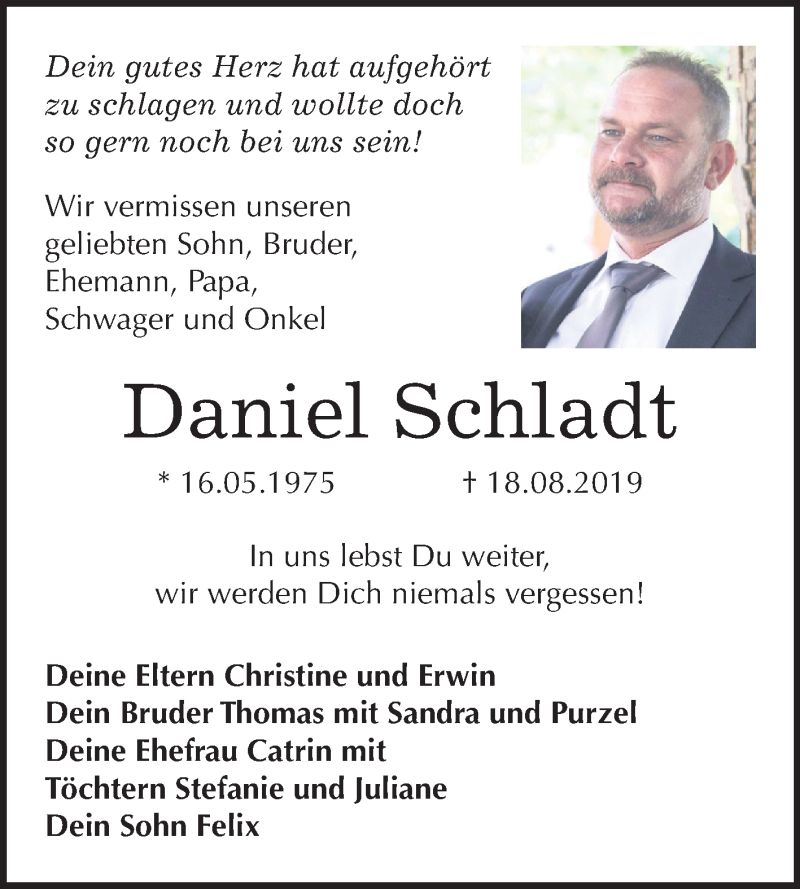  Traueranzeige für Daniel Schladt vom 28.08.2019 aus Mitteldeutsche Zeitung Weißenfels