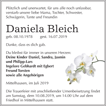 Traueranzeige von Daniela Bleich von Super Sonntag Sangerhausen