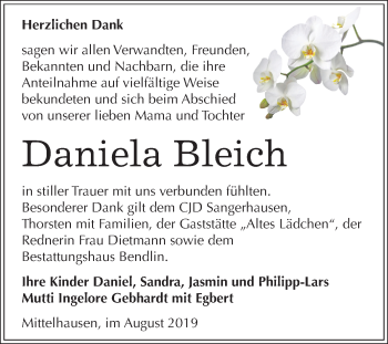 Traueranzeige von Daniela Bleich von Mitteldeutsche Zeitung Sangerhausen