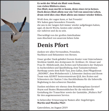Traueranzeige von Denis Pfort von Super Sonntag Aschersleben