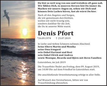 Traueranzeige von Denis Pfort von Super Sonntag Aschersleben