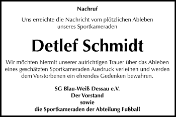 Traueranzeige von Detlef Schmidt von Super Sonntag Dessau-Roßlau