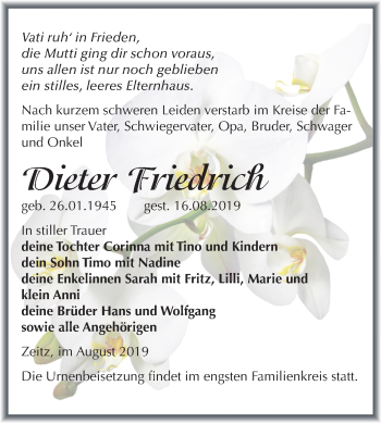 Traueranzeige von Dieter Friedrich von Mitteldeutsche Zeitung Zeitz