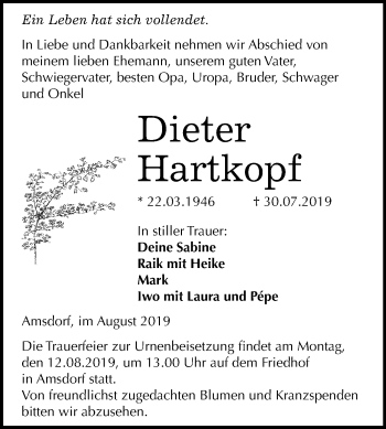 Traueranzeige von Dieter Hartkopf von Mitteldeutsche Zeitung Mansfelder Land