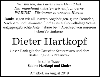Traueranzeige von Dieter Hartkopf von Super Sonntag Mansfelder Land