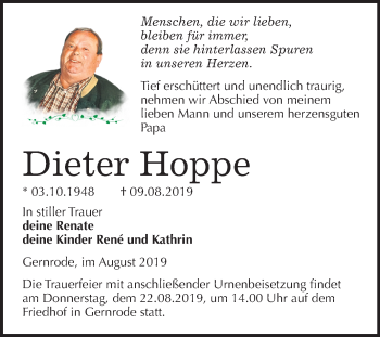 Traueranzeige von Dieter Hoppe von Mitteldeutsche Zeitung Quedlinburg