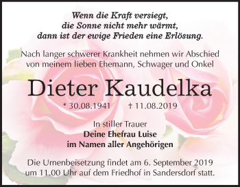 Traueranzeige von Dieter Kaudelka von Wochenspiegel Bitterfeld