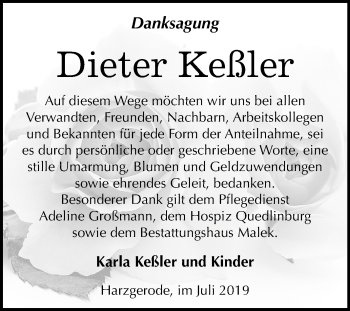 Traueranzeige von Dieter Keßler von Mitteldeutsche Zeitung Quedlinburg