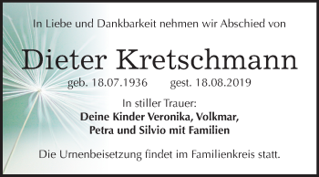 Traueranzeige von Dieter Kretschmann von Mitteldeutsche Zeitung Köthen