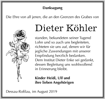 Traueranzeige von Dieter Köhler von Super Sonntag Dessau-Roßlau