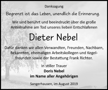 Traueranzeige von Dieter Nebel von Mitteldeutsche Zeitung Sangerhausen
