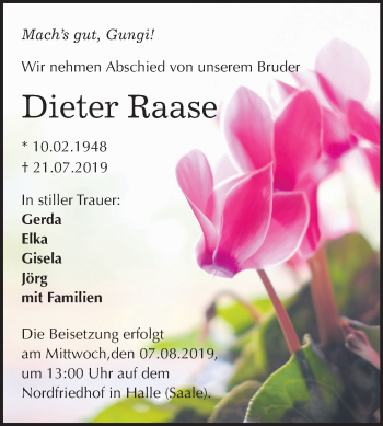 Traueranzeige von Dieter Raase von Mitteldeutsche Zeitung Halle/Saalkreis