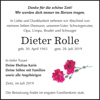 Traueranzeige von Dieter Rolle von Super Sonntag Zeitz