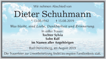 Traueranzeige von Dieter Schuhmann von Mitteldeutsche Zeitung Merseburg/Querfurt