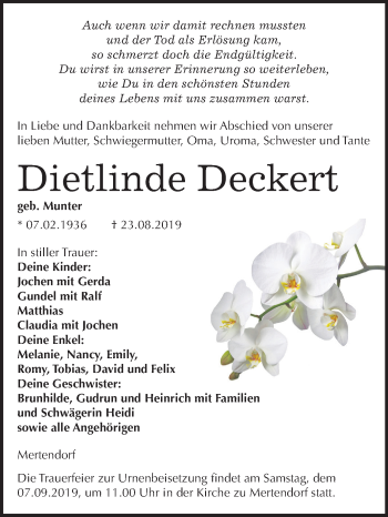 Traueranzeige von Dietlinde Deckert von Mitteldeutsche Zeitung Naumburg/Nebra