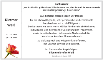 Traueranzeige von Dietmar Weiß von Super Sonntag Aschersleben
