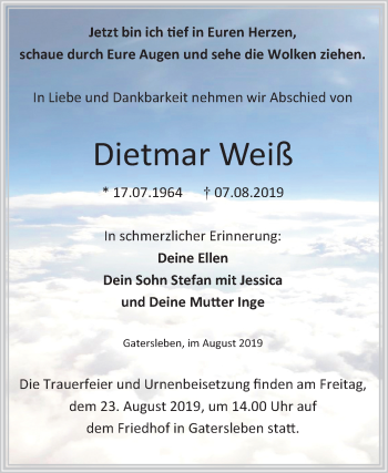 Traueranzeige von Dietmar Weiß von Mitteldeutsche Zeitung Aschersleben