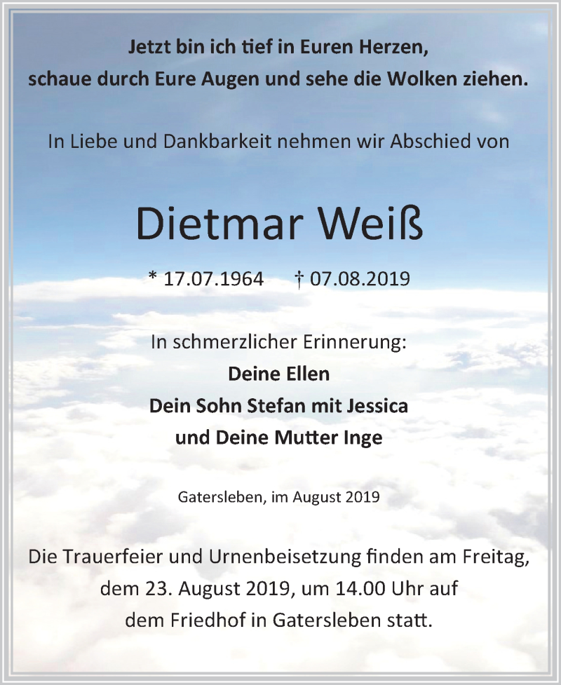  Traueranzeige für Dietmar Weiß vom 10.08.2019 aus Mitteldeutsche Zeitung Aschersleben