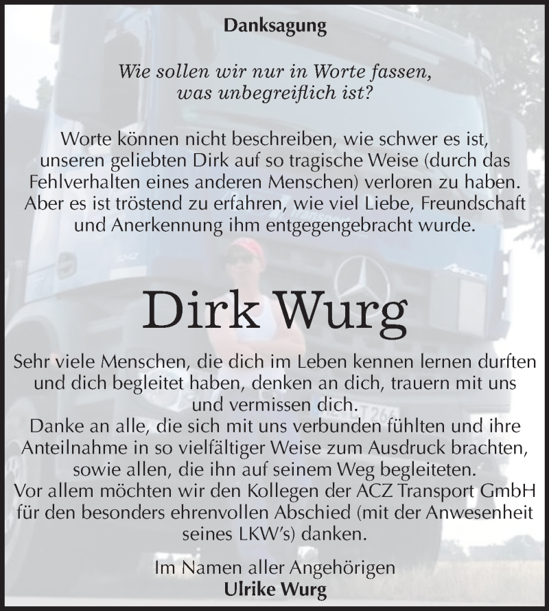  Traueranzeige für Dirk Wurg vom 07.08.2019 aus Wochenspiegel Aschersleben