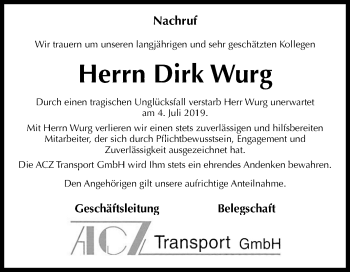Traueranzeige von Dirk Wurg von Super Sonntag Aschersleben