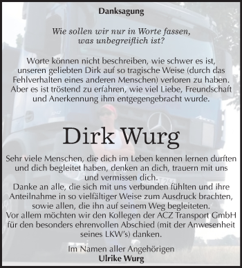 Traueranzeige von Dirk Wurg von Wochenspiegel Aschersleben