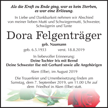 Traueranzeige von Dora Felgenträger von Super Sonntag Köthen
