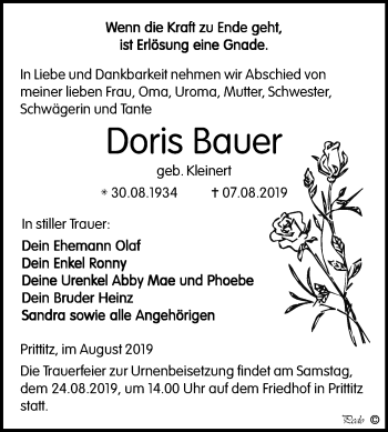 Traueranzeige von Doris Bauer von Mitteldeutsche Zeitung Weißenfels