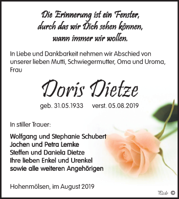 Traueranzeige von Doris Dietze von Wochenspiegel Weißenfels