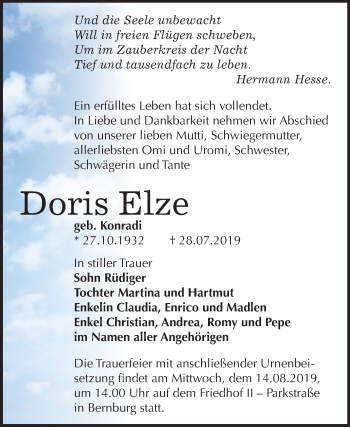 Traueranzeige von Doris Elze von Mitteldeutsche Zeitung Bernburg