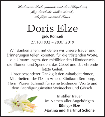 Traueranzeige von Doris Elze von Mitteldeutsche Zeitung Bernburg