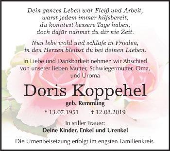 Traueranzeige von Doris Koppehel von Mitteldeutsche Zeitung Bitterfeld