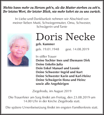 Traueranzeige von Doris Necke von Mitteldeutsche Zeitung Merseburg/Querfurt