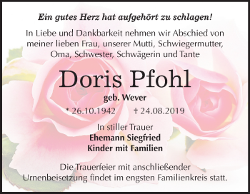 Traueranzeige von Doris Pfohl von Mitteldeutsche Zeitung Bernburg