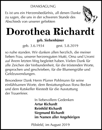 Traueranzeige von Dorothea Richardt von Mitteldeutsche Zeitung Sangerhausen