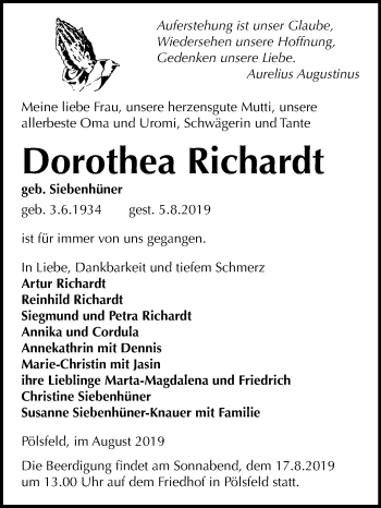 Traueranzeige von Dorothea Richardt von Mitteldeutsche Zeitung Sangerhausen