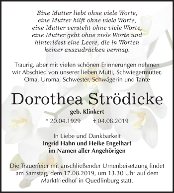 Traueranzeige von Dorothea Strödicke von Mitteldeutsche Zeitung Quedlinburg