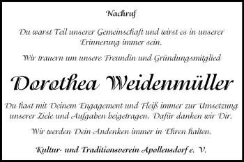 Traueranzeige von Dorothea Weidenmüller von Super Sonntag Wittenberg