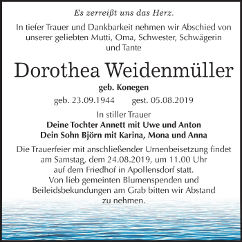 Traueranzeige von Dorothea Weidenmüller von Super Sonntag Wittenberg