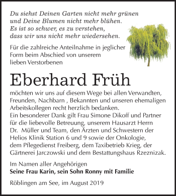 Traueranzeige von Eberhard Früh von Mitteldeutsche Zeitung Mansfelder Land