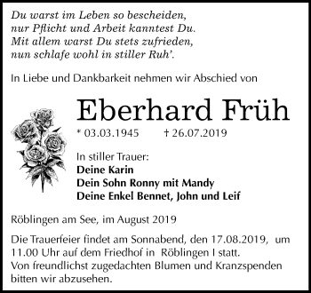 Traueranzeige von Eberhard Früh von Wochenspiegel Mansfelder Land