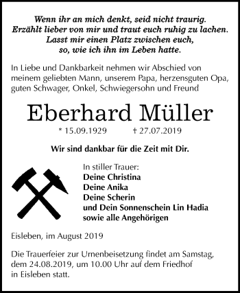 Traueranzeige von Eberhard Müller von Wochenspiegel Mansfelder Land