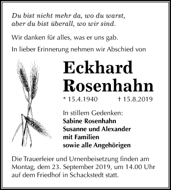 Traueranzeige von Eckhard Rosenhahn von Super Sonntag Bernburg
